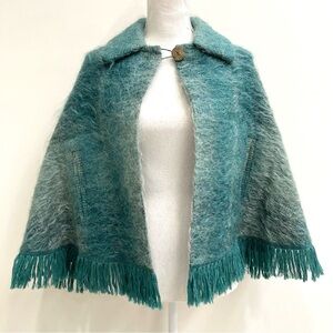 VINTAGE ANDREW STEWART MOHAIR & WOOL CAPE SHAWL 60s FRINGE TRIM MADE IN SCOTLAND